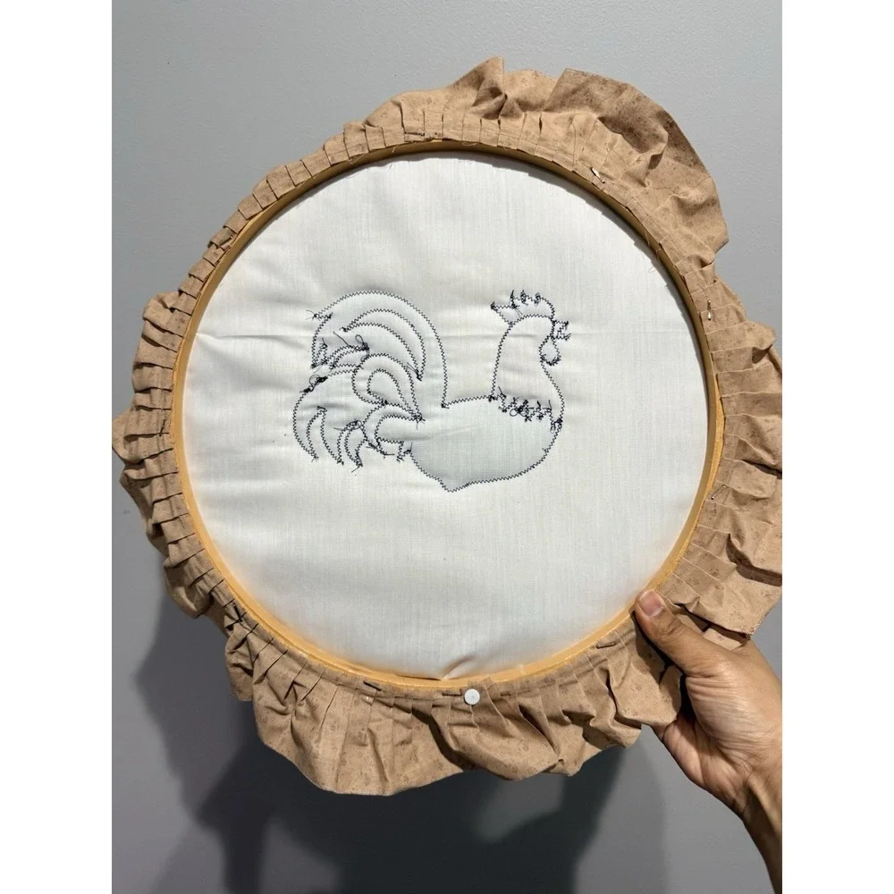 Vintage Handmade Embroidery Hoop Wall Art Rooster Compass Farmhouse Country Chic